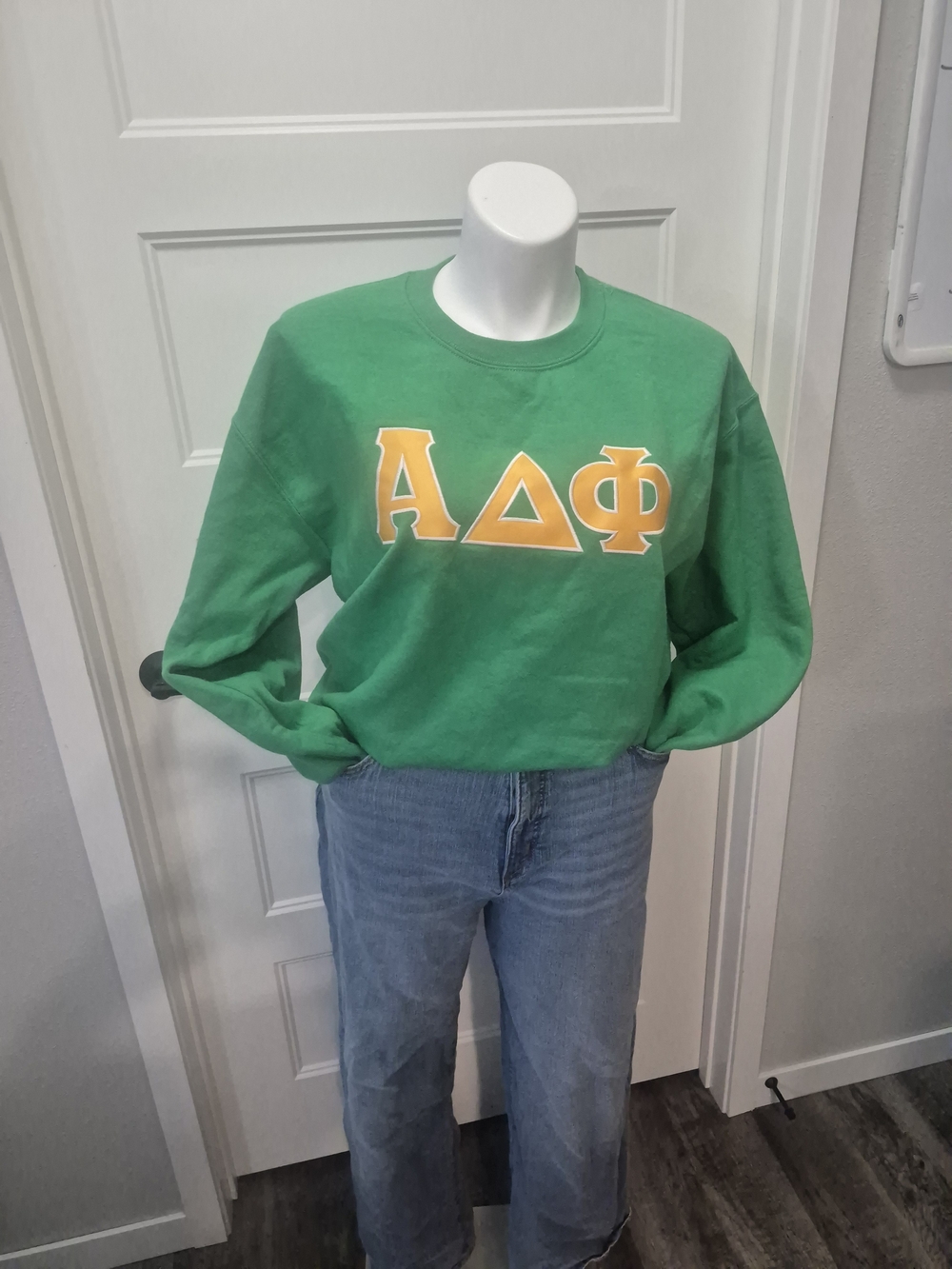 Green Sweatshirt with Yellow Greek Letters
